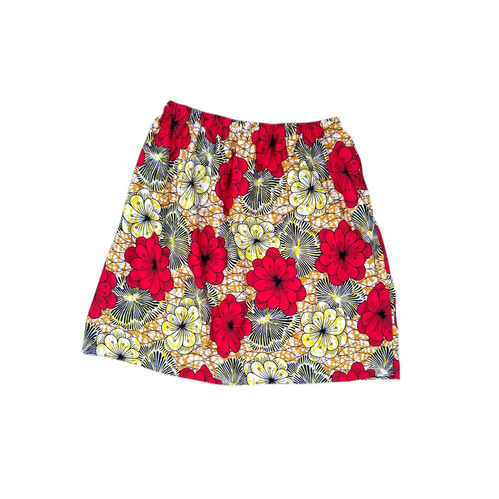 Handmade XL African Print Knee Length Skirt -  Red Yellow Floral Ankara Boho